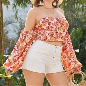 Plus Floral Lantern Sleeve Bardot Top NWOT